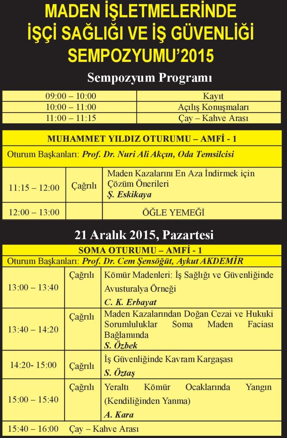 Eskikaya 12:00 13:00 ÖĞLE YEMEĞİ SOMA OTURUMU AMFİ - 1 Oturum Başkanları: Prof. Dr.