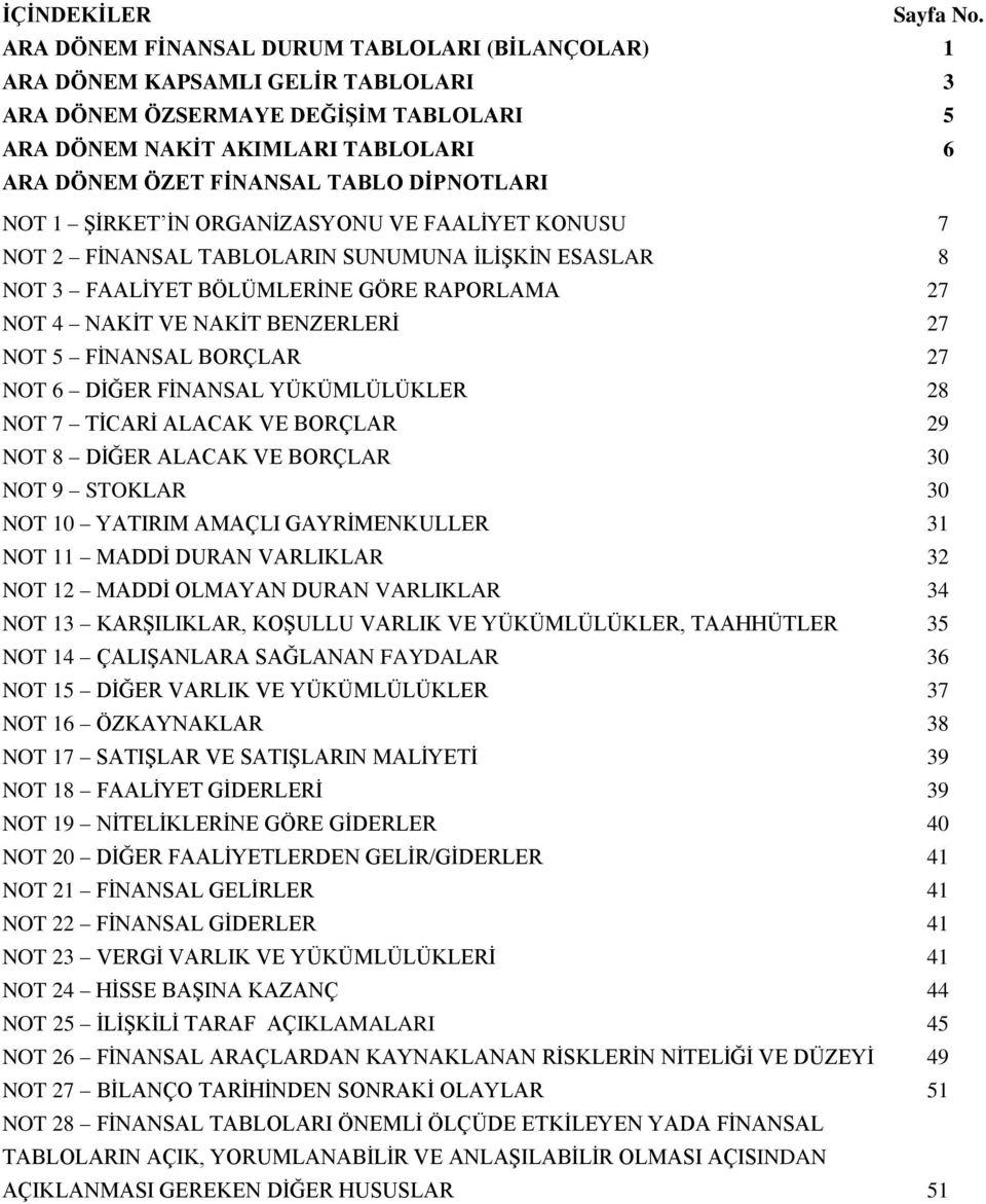 DİPNOTLARI NOT 1 ŞİRKET İN ORGANİZASYONU VE FAALİYET KONUSU 7 NOT 2 FİNANSAL TABLOLARIN SUNUMUNA İLİŞKİN ESASLAR 8 NOT 3 FAALİYET BÖLÜMLERİNE GÖRE RAPORLAMA 27 NOT 4 NAKİT VE NAKİT BENZERLERİ 27 NOT