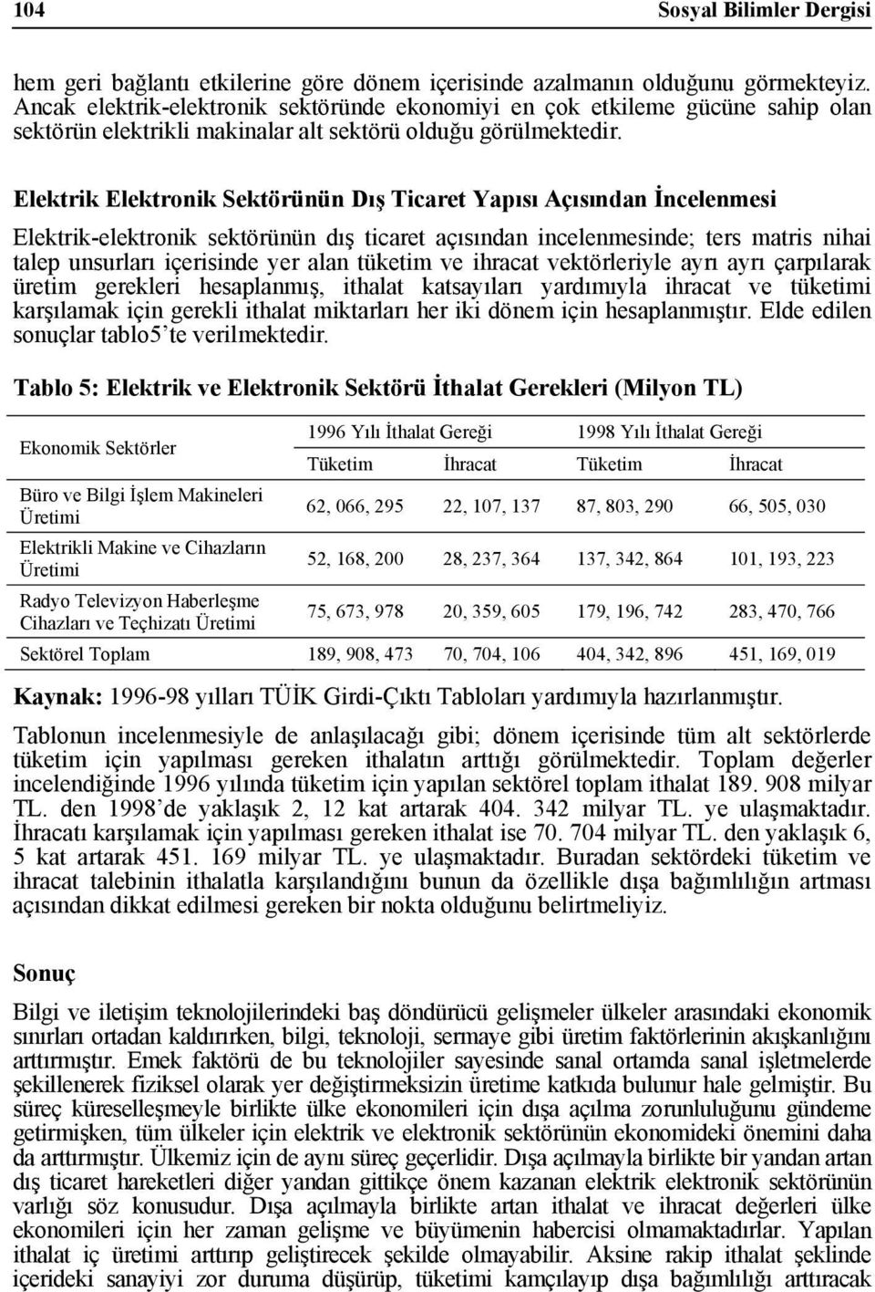 Elektrk Elektronk Sektörünün Dış Tcaret Yapısı Açısından İncelenmes Elektrk-elektronk sektörünün dış tcaret açısından ncelenmesnde; ters matrs nha talep unsurları çersnde yer alan tüketm ve hracat