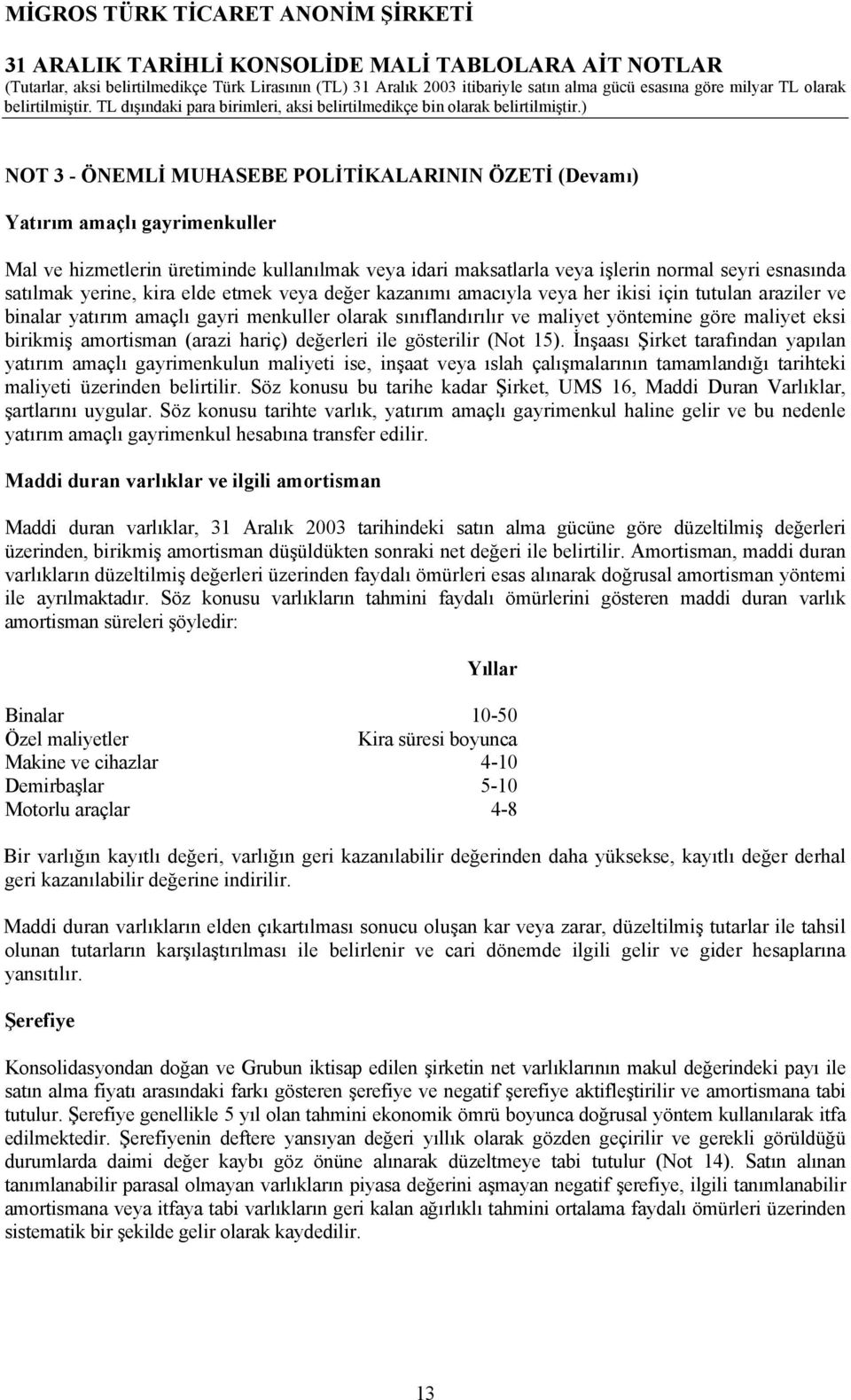 birikmiş amortisman (arazi hariç) değerleri ile gösterilir (Not 15).