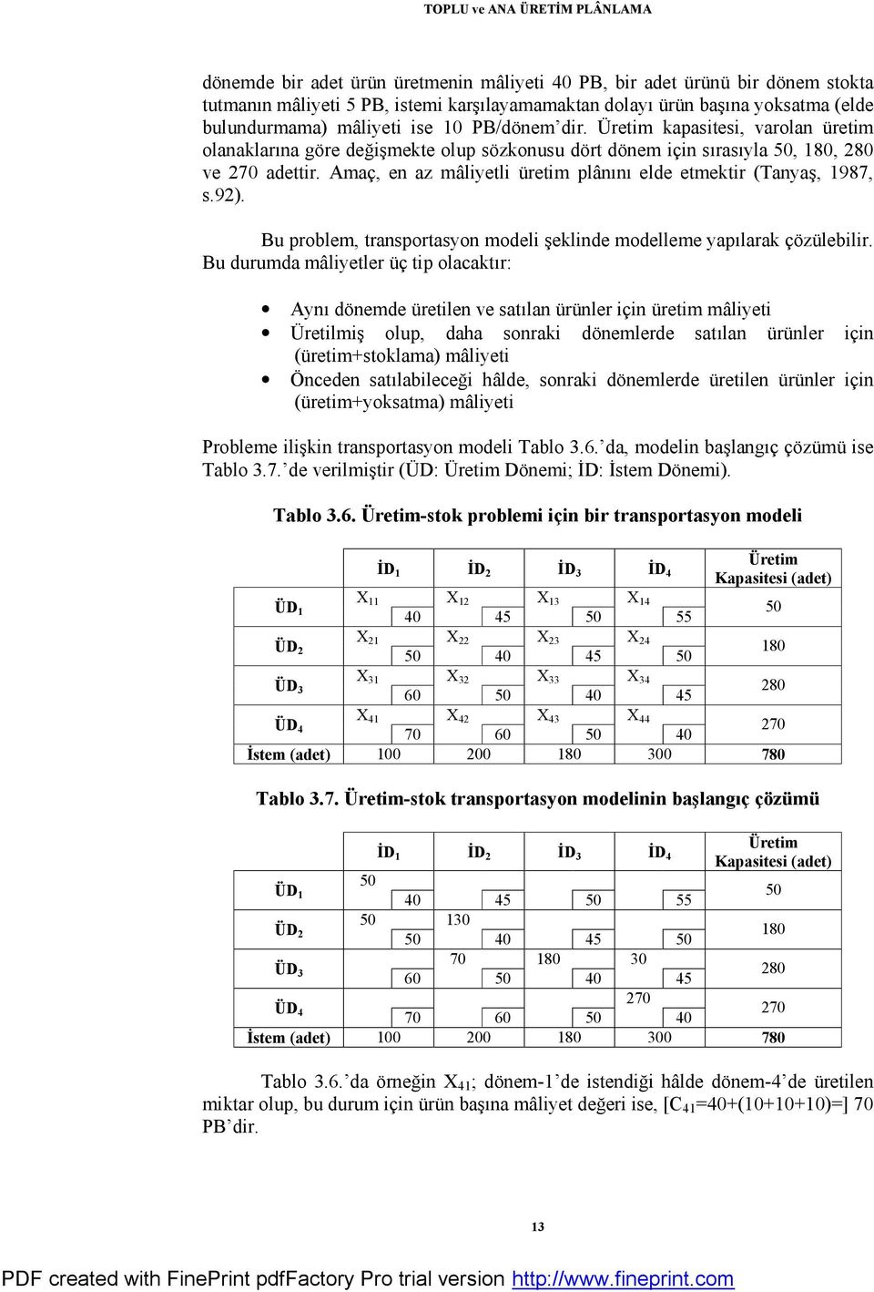 Amaç, en az mâliyetli üretim plânını elde etmektir (Tanyaş, 1987, s.92). Bu problem, transportasyon modeli şeklinde modelleme yapılarak çözülebilir.