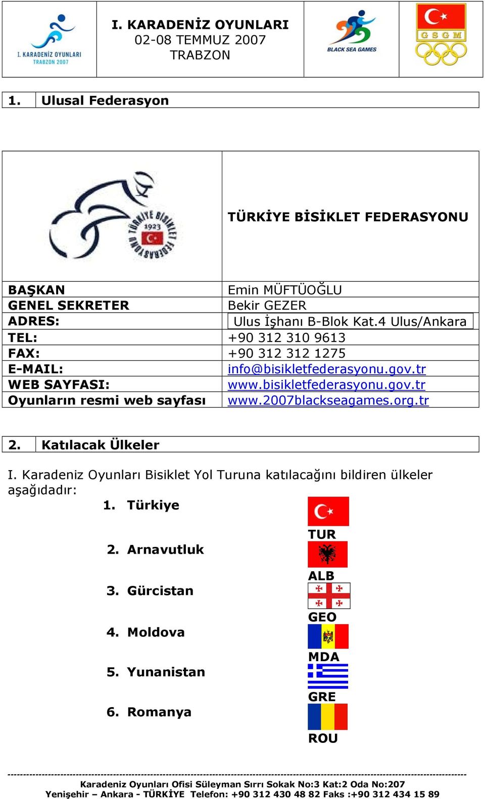 bisikletfederasyonu.gov.tr Oyunların resmi web sayfası www.2007blackseagames.org.tr 2. Katılacak Ülkeler I.