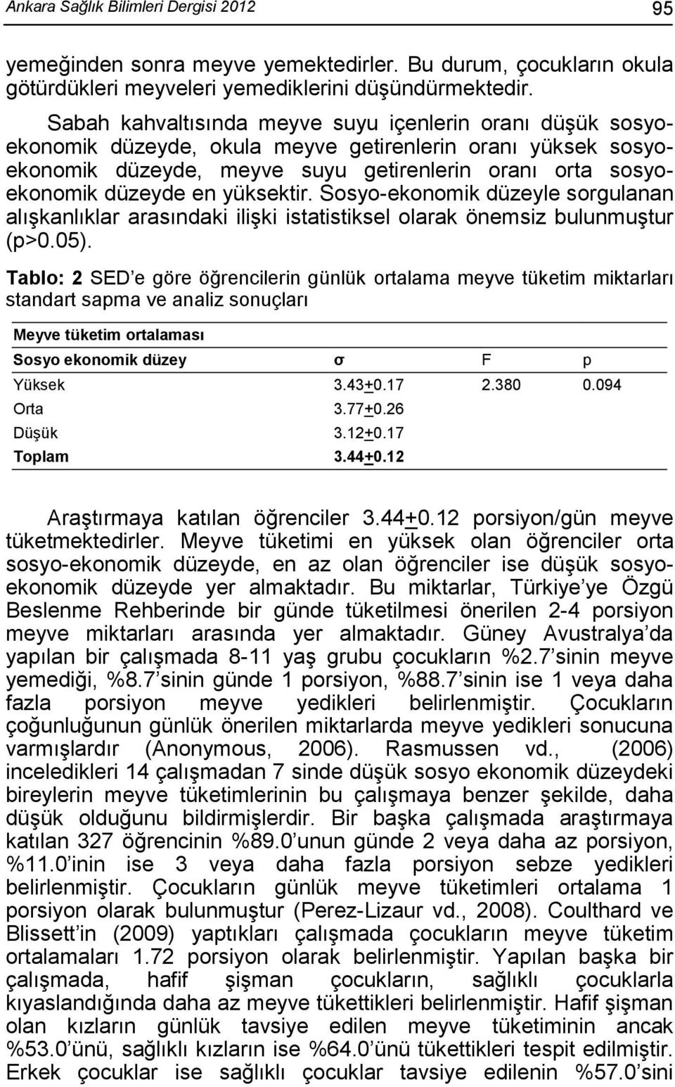 yüksektir. Sosyo-ekonomik düzeyle sorgulanan alışkanlıklar arasındaki ilişki istatistiksel olarak önemsiz bulunmuştur (p>0.05).