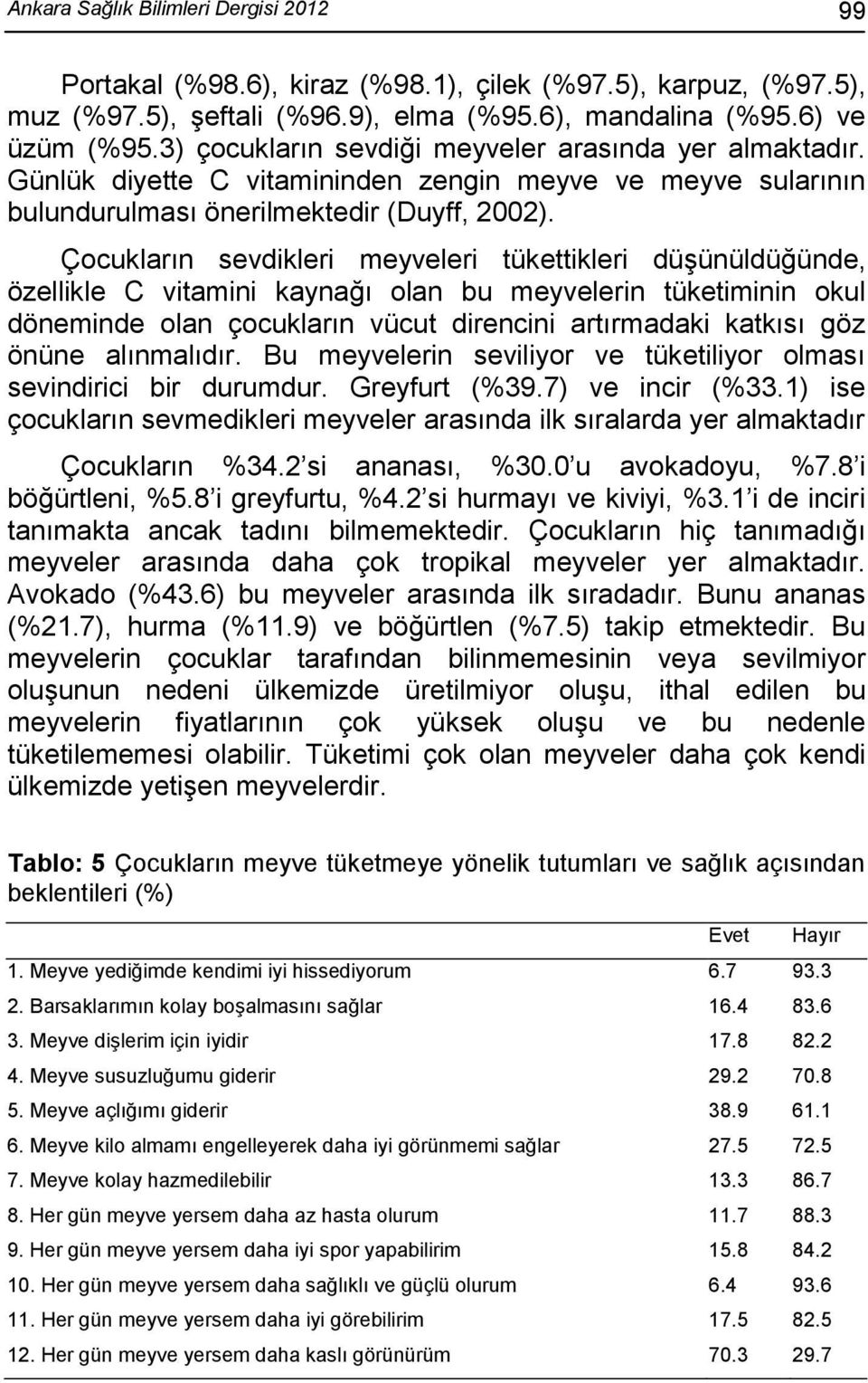 Çocukların sevdikleri meyveleri tükettikleri düşünüldüğünde, özellikle C vitamini kaynağı olan bu meyvelerin tüketiminin okul döneminde olan çocukların vücut direncini artırmadaki katkısı göz önüne