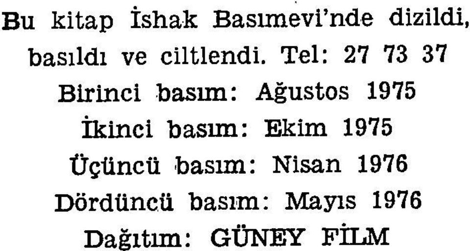 Tel: 27 73 37 Birinci basım: Ağustos 1975 İkinci