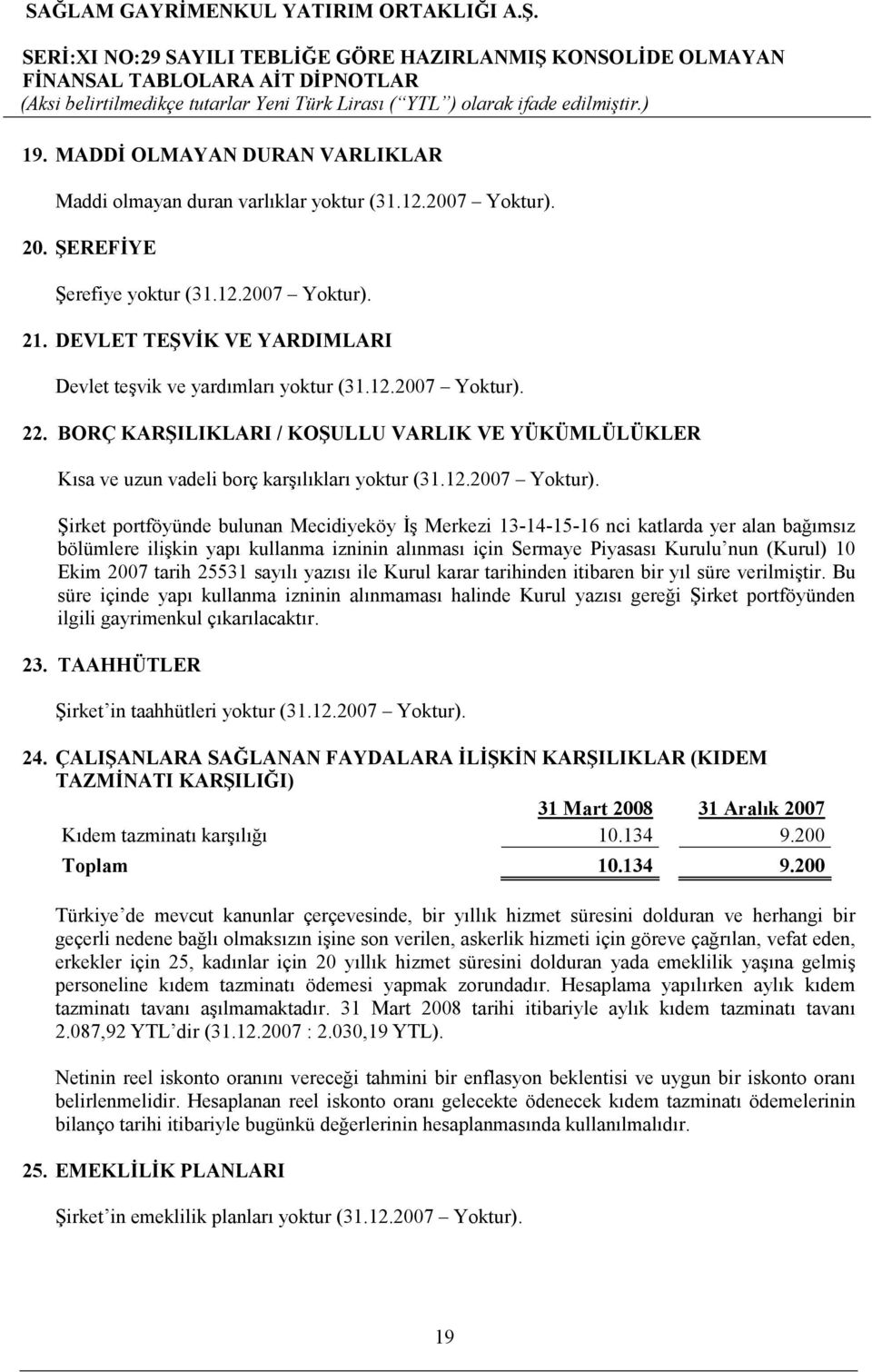 22. BORÇ KARŞILIKLARI / KOŞULLU VARLIK VE YÜKÜMLÜLÜKLER Kısa ve uzun vadeli borç karşılıkları yoktur (31.12.2007 Yoktur).