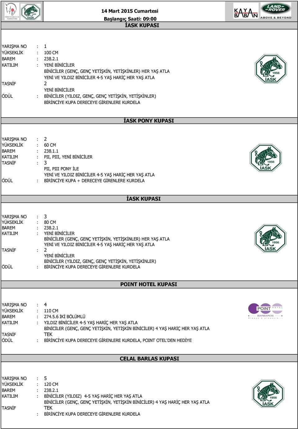 1 KATILIM : PII, PIII, TASNİF : 3 PII, PIII PONY İLE ÖDÜL : BİRİNCİYE KUPA + DERECEYE GİRENLERE KURDELA İASK KUPASI YARIŞMA NO : 3 YÜKSEKLİK : 80 CM KATILIM : BİNİCİLER (GENÇ, GENÇ YETİŞKİN,
