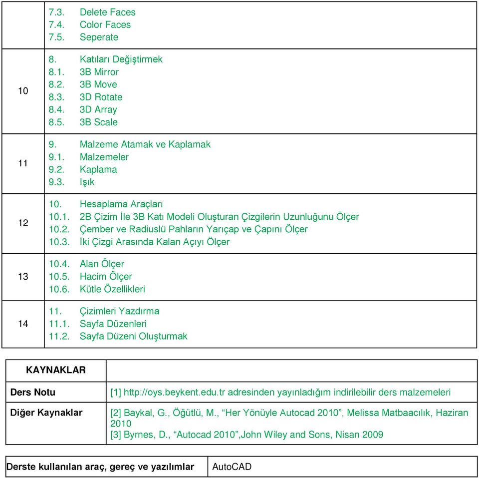 4. Alan Ölçer 10.5. Hacim Ölçer 10.6. Kütle Özellikleri 11. Çizimleri Yazdırma 11.1. Sayfa Düzenleri 11.2. Sayfa Düzeni Oluşturmak KAYNAKLAR Ders Notu Diğer Kaynaklar [1] http://oys.beykent.edu.