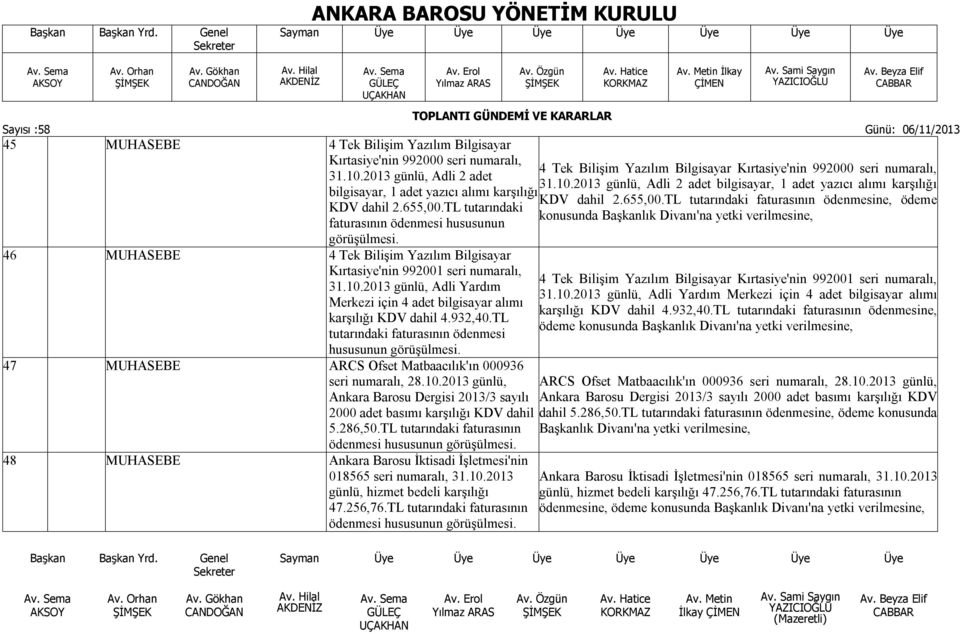 2013 günlü, Adli Yardım Merkezi için 4 adet bilgisayar alımı karşılığı KDV dahil 4.932,40.TL tutarındaki faturasının ödenmesi hususunun görüşülmesi.