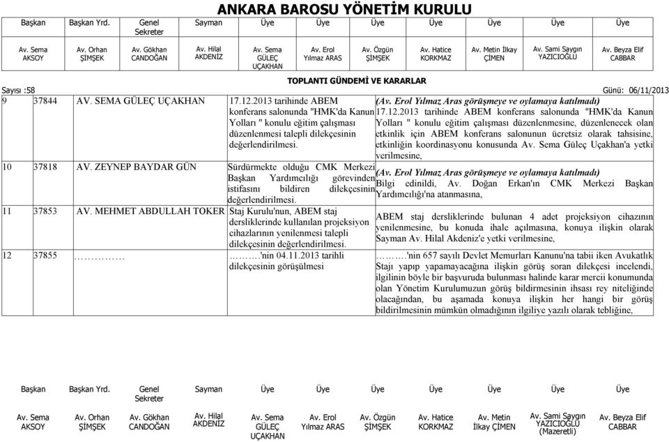 2013 tarihinde ABEM konferans salonunda "HMK'da Kanun Yolları " konulu eğitim çalışması düzenlenmesine, düzenlenecek olan etkinlik için ABEM konferans salonunun ücretsiz olarak tahsisine, etkinliğin