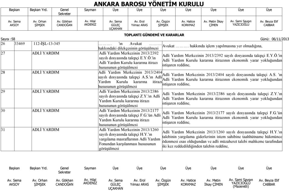 yokluğundan istişaren reddine, 28 ADLİ YARDIM Adli Yardım Merkezinin 2013/2404 Adli Yardım Merkezinin 2013/2404 sayılı dosyasında talepçi A.S.