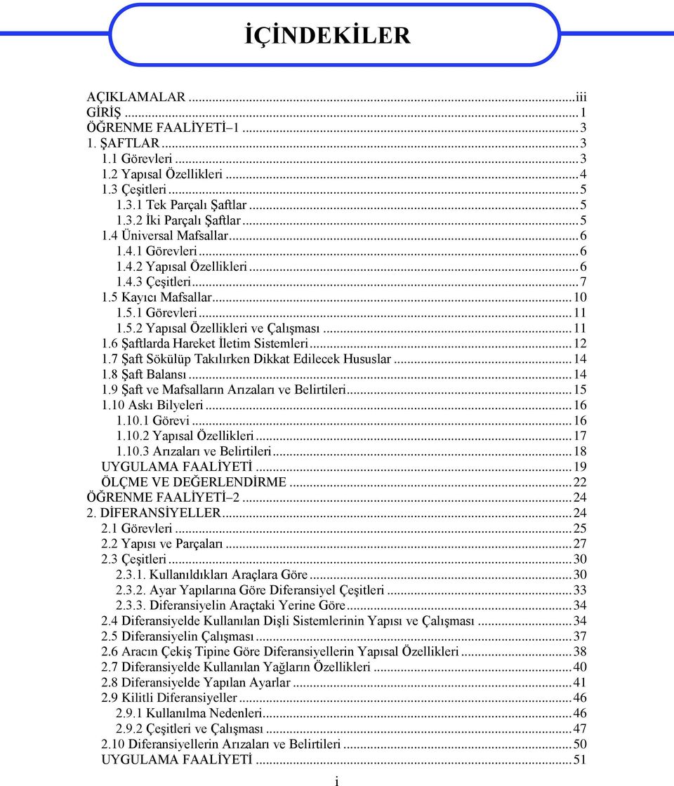 .. 11 1.6 ġaftlarda Hareket Ġletim Sistemleri... 12 1.7 ġaft Sökülüp Takılırken Dikkat Edilecek Hususlar... 14 1.8 ġaft Balansı... 14 1.9 ġaft ve Mafsalların Arızaları ve Belirtileri... 15 1.