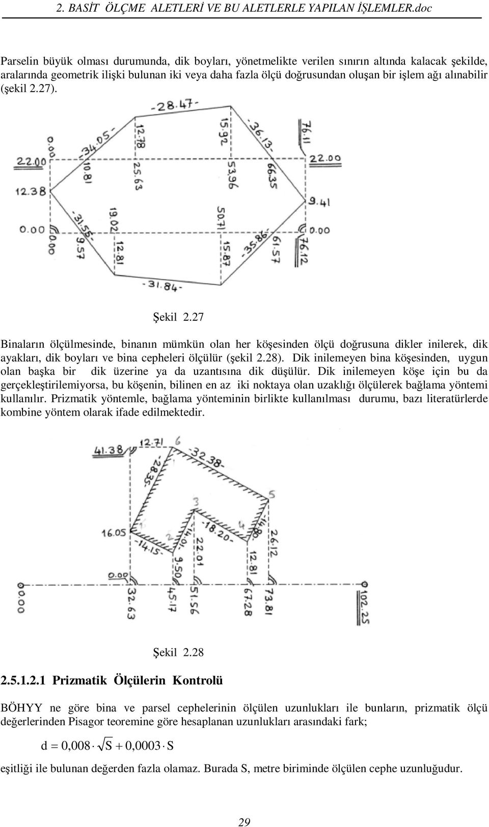 alınabilir (şekil 2.27). Şekil 2.27 Binaların ölçülmesinde, binanın mümkün olan her köşesinden ölçü doğrusuna dikler inilerek, dik ayakları, dik boyları ve bina cepheleri ölçülür (şekil 2.28).