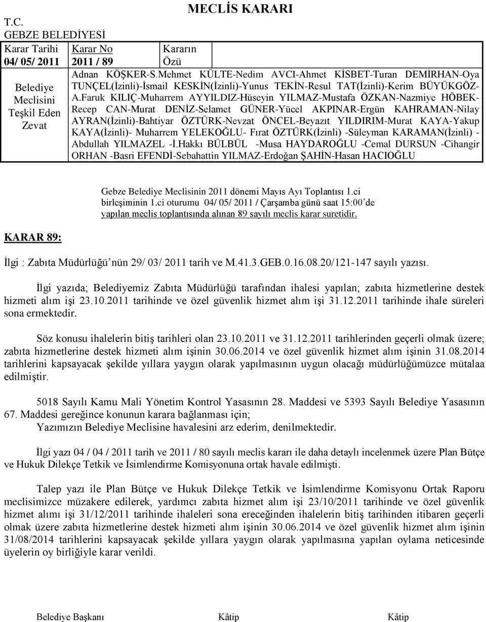 -Süleyman KARAMAN(Ġzinli) - KARAR 89: Gebze n 2011 dönemi Mayıs Ayı Toplantısı 1.ci birleģiminin 1.