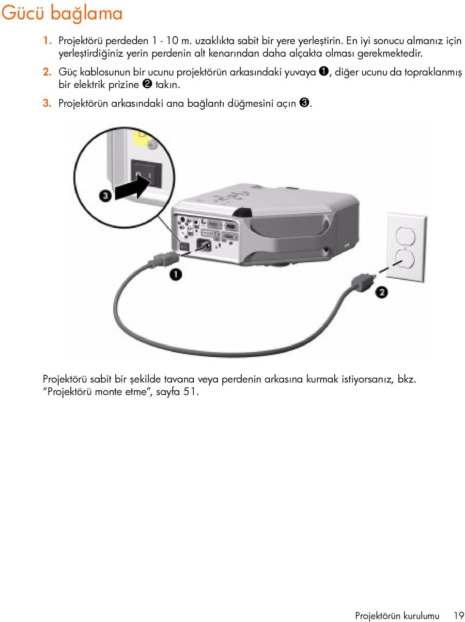 Güç kablosunun bir ucunu projektörün arkasõndaki yuvaya 1, diğer ucunu da topraklanmõş bir elektrik prizine 2 takõn. 3.