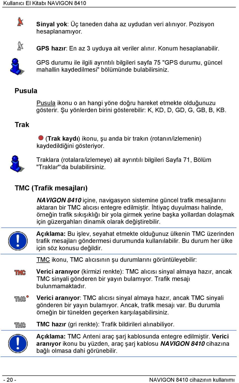 Pusula Trak Pusula ikonu o an hangi yöne doğru hareket etmekte olduğunuzu gösterir. Şu yönlerden birini gösterebilir: K, KD, D, GD, G, GB, B, KB.