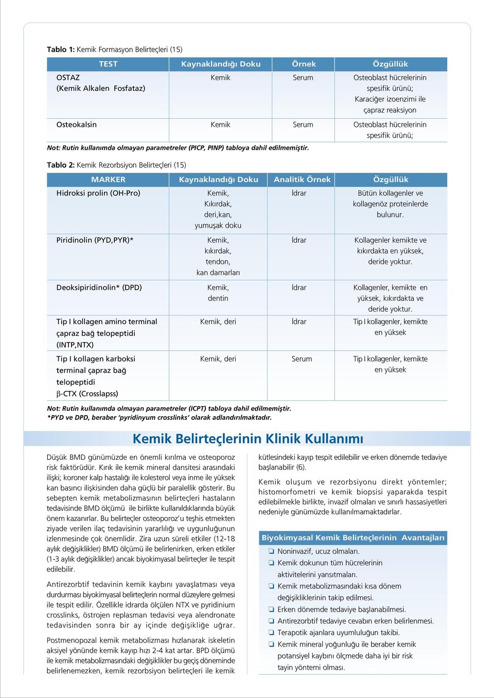 Osteoblast hücrelerinin spesifik ürünü; Tablo 2: Kemik Rezorbsiyon Belirteçleri (15) MARKER Kaynakland Doku Analitik Örnek Özgüllük Hidroksi prolin (OH-Pro) Kemik, K k rdak, deri,kan, yumuflak doku