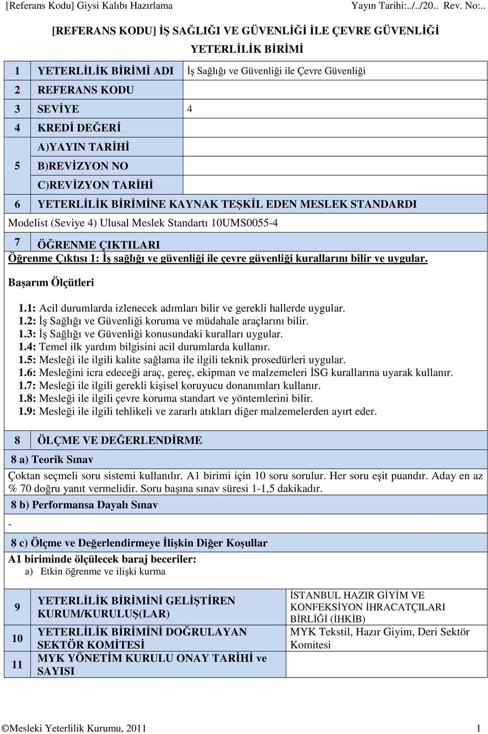 ÖĞRENME ÇIKTILARI Öğrenme Çıktısı 1: İş sağlığı ve güvenliği ile çevre güvenliği kurallarını bilir ve uygular. 1.1: Acil durumlarda izlenecek adımları bilir ve gerekli hallerde uygular. 1.2: İş Sağlığı ve Güvenliği koruma ve müdahale araçlarını bilir.