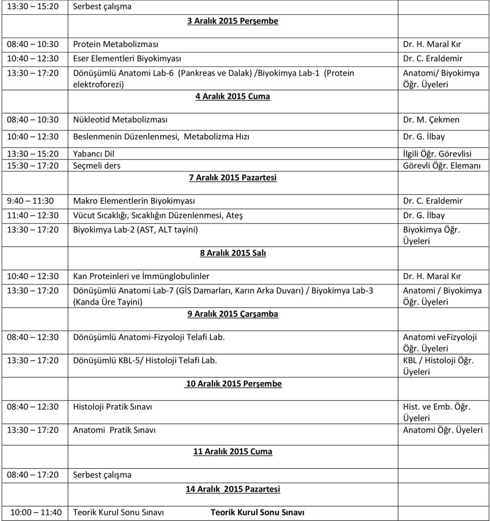 tabolizması Dr. M. Çekmen 10:40 12:30 Beslenmenin Düzenlenmesi, Metabolizma Hızı Dr. G. İlbay 13:30 15:20 Yabancı Dil İlgili Öğr. Görevlisi 15:30 17:20 Seçmeli ders Görevli Öğr.