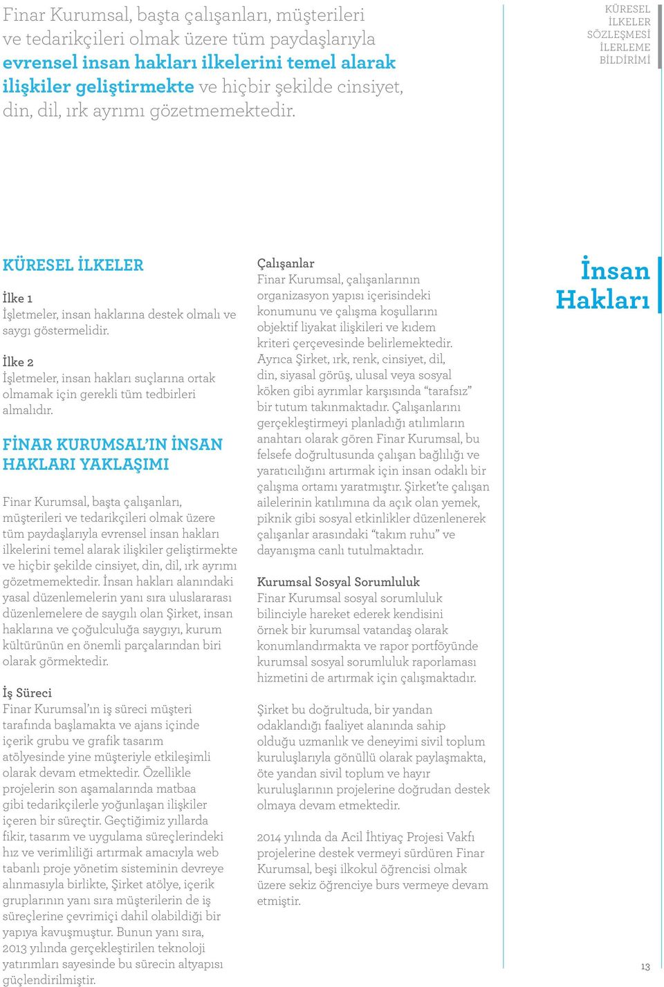 İlke 2 İşletmeler, insan hakları suçlarına ortak olmamak için gerekli tüm tedbirleri almalıdır. FINAR KURUMSAL IN İNSAN HAKLARI YAKLAŞIMI  dil, ırk ayrımı gözetmemektedir.