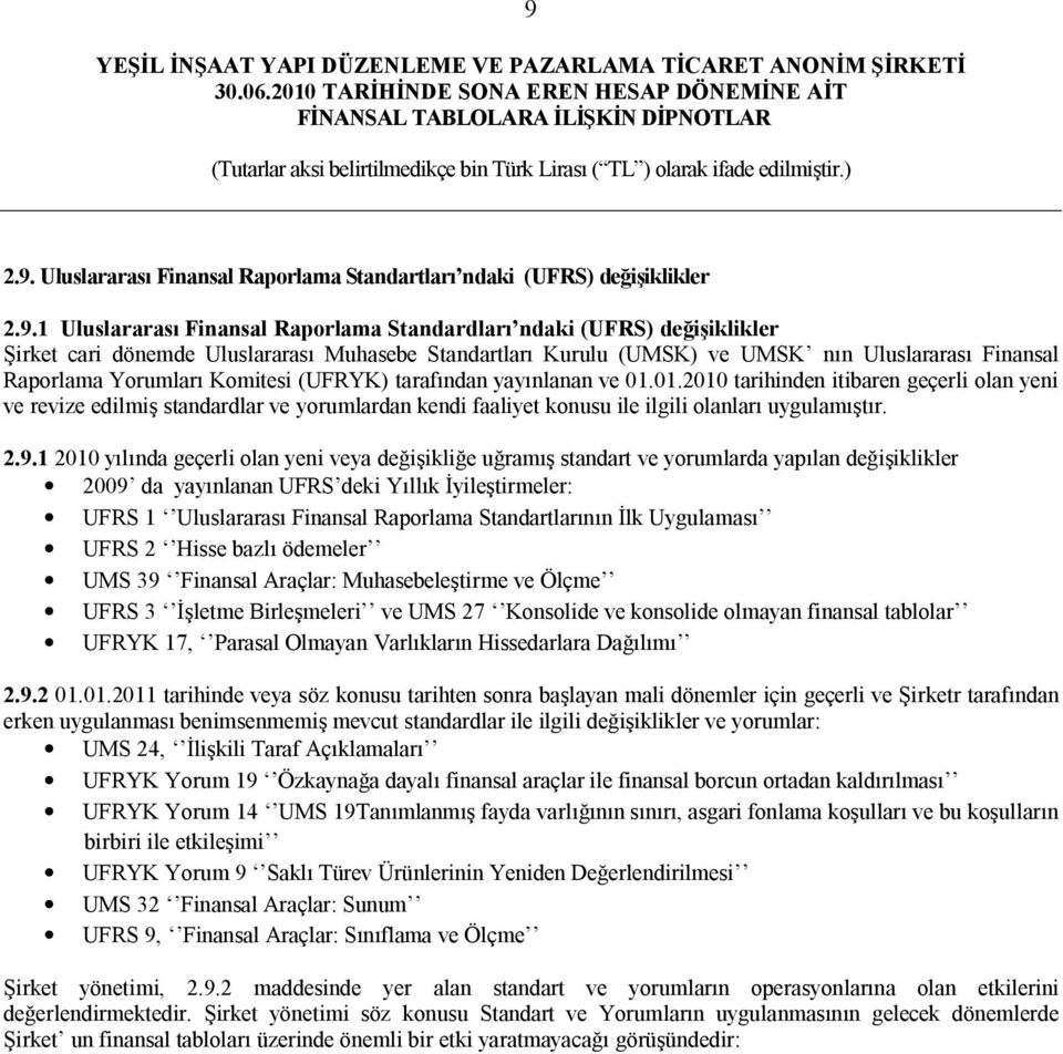 01.2010 tarihinden itibaren geçerli olan yeni ve revize edilmiş standardlar ve yorumlardan kendi faaliyet konusu ile ilgili olanları uygulamıştır. 2.9.