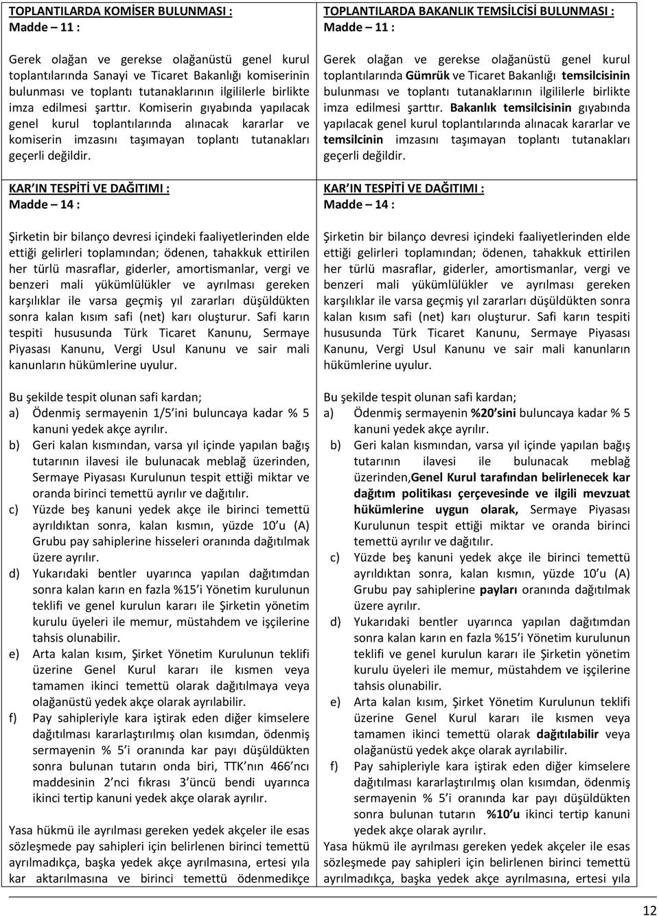 KAR IN TESPİTİ VE DAĞITIMI : Madde 14 : Şirketin bir bilanço devresi içindeki faaliyetlerinden elde ettiği gelirleri toplamından; ödenen, tahakkuk ettirilen her türlü masraflar, giderler,