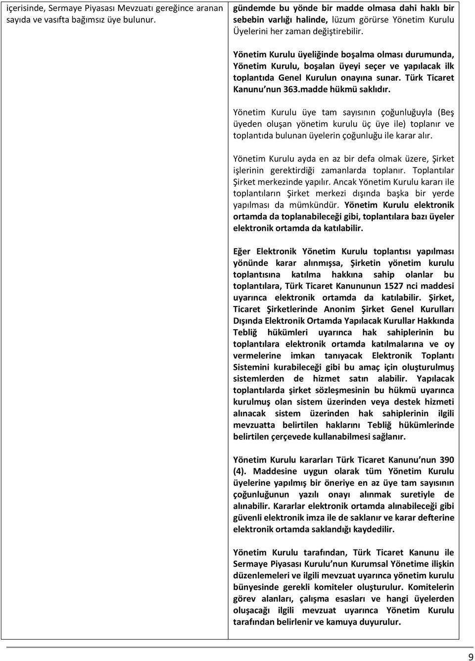 Yönetim Kurulu üyeliğinde boşalma olması durumunda, Yönetim Kurulu, boşalan üyeyi seçer ve yapılacak ilk toplantıda Genel Kurulun onayına sunar. Türk Ticaret Kanunu nun 363.madde hükmü saklıdır.