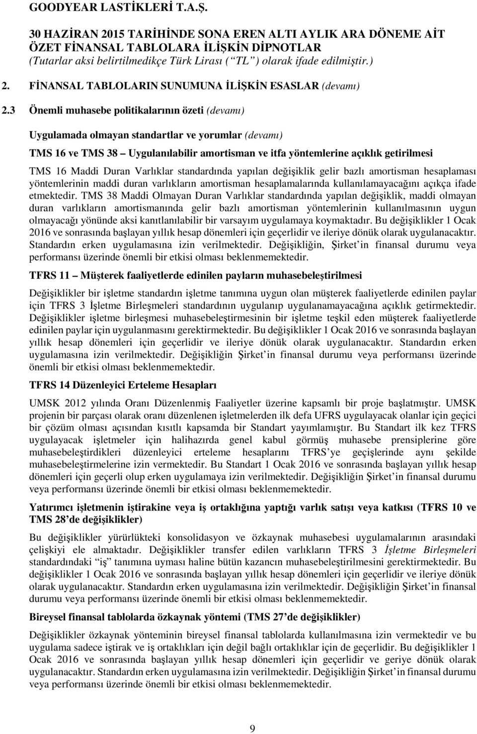 3 Önemli muhasebe politikalarının özeti (devamı) Uygulamada olmayan standartlar ve yorumlar (devamı) TMS 16 ve TMS 38 Uygulanılabilir amortisman ve itfa yöntemlerine açıklık getirilmesi TMS 16 Maddi