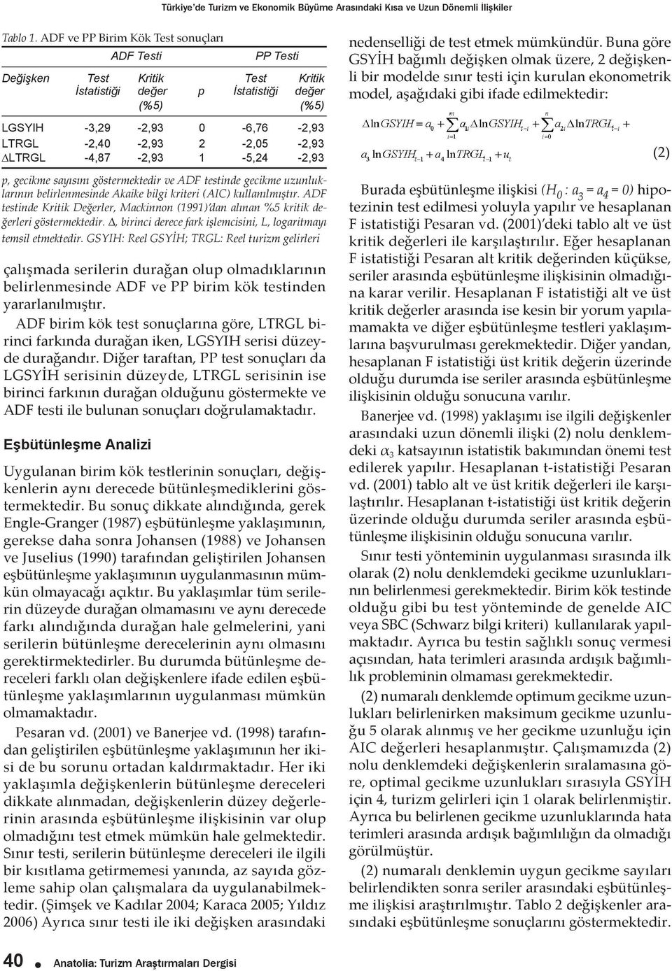 ADF birim kök test sonuçlarına göre, LTRGL birinci farkında durağan iken, LGSYIH serisi düzeyde durağandır.