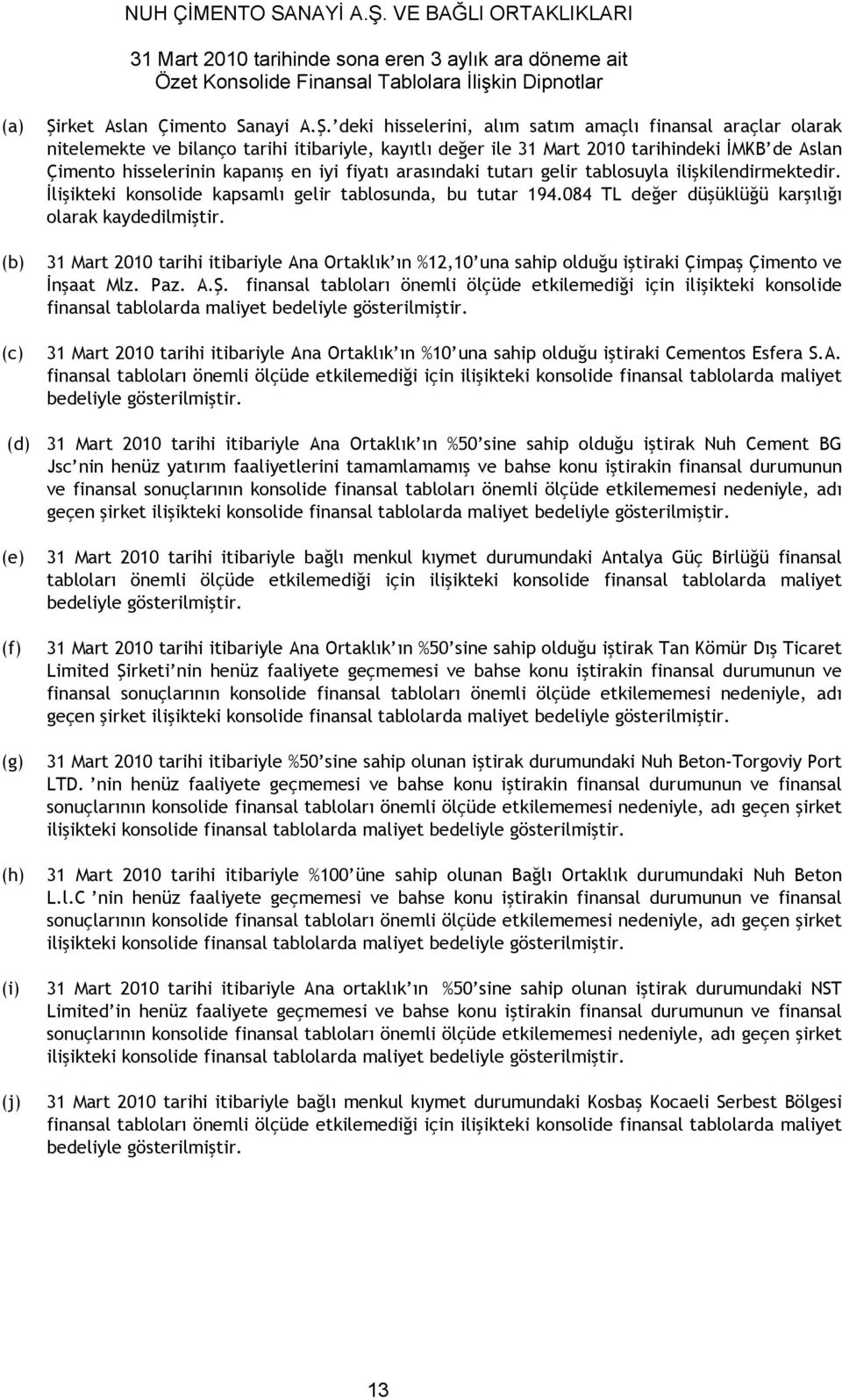 deki hisselerini, alım satım amaçlı finansal araçlar olarak nitelemekte ve bilanço tarihi itibariyle, kayıtlı değer ile 31 Mart 2010 tarihindeki İMKB de Aslan Çimento hisselerinin kapanış en iyi