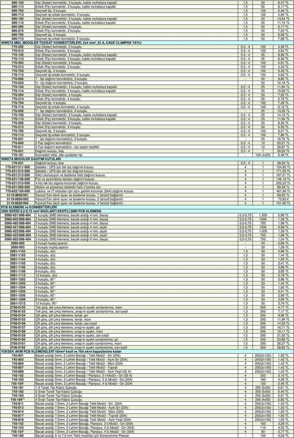 kablo muhafaza kapaklı 1,5 50 11,74 TL 890-205 Dişi (Soket) konnektör, 5 kutuplu 1,5 50 9,17 TL 890-215 Erkek (Fiş) konnektör, 2 kutuplu 1,5 50 7,20 TL 890-705 Geçmeli tip, 5 kutuplu 1,5 50 9,08 TL