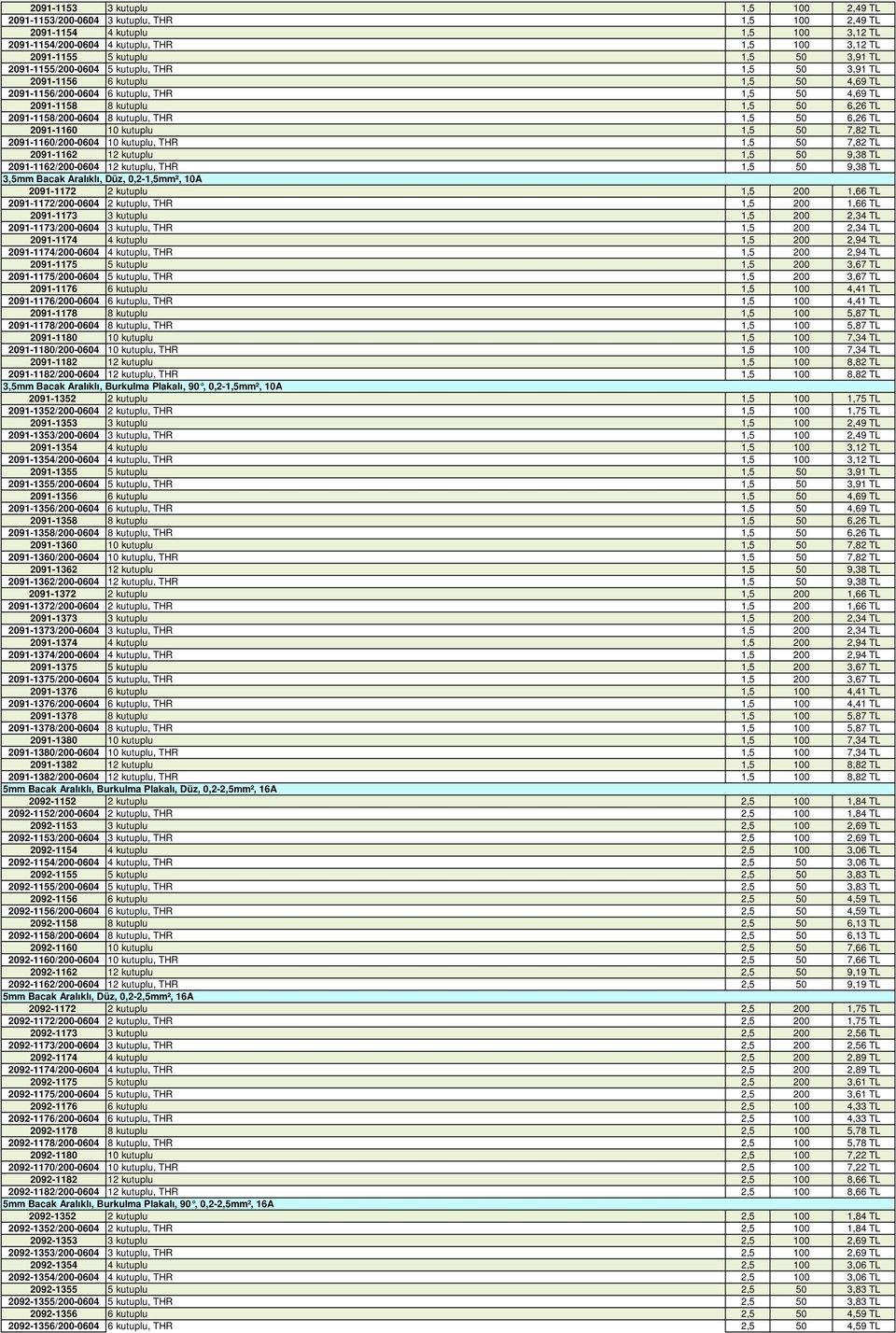 kutuplu, THR 1,5 50 6,26 TL 2091-1160 10 kutuplu 1,5 50 7,82 TL 2091-1160/200-0604 10 kutuplu, THR 1,5 50 7,82 TL 2091-1162 12 kutuplu 1,5 50 9,38 TL 2091-1162/200-0604 12 kutuplu, THR 1,5 50 9,38 TL