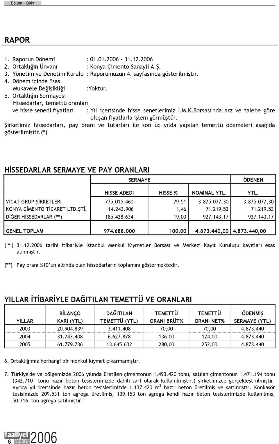 Borsası'nda arz ve talebe göre oluşan fiyatlarla işlem görmüştür. Şirketimiz hissedarları, pay oranı ve tutarları ile son üç yılda yapılan temettü ödemeleri aşağıda gösterilmiştir.