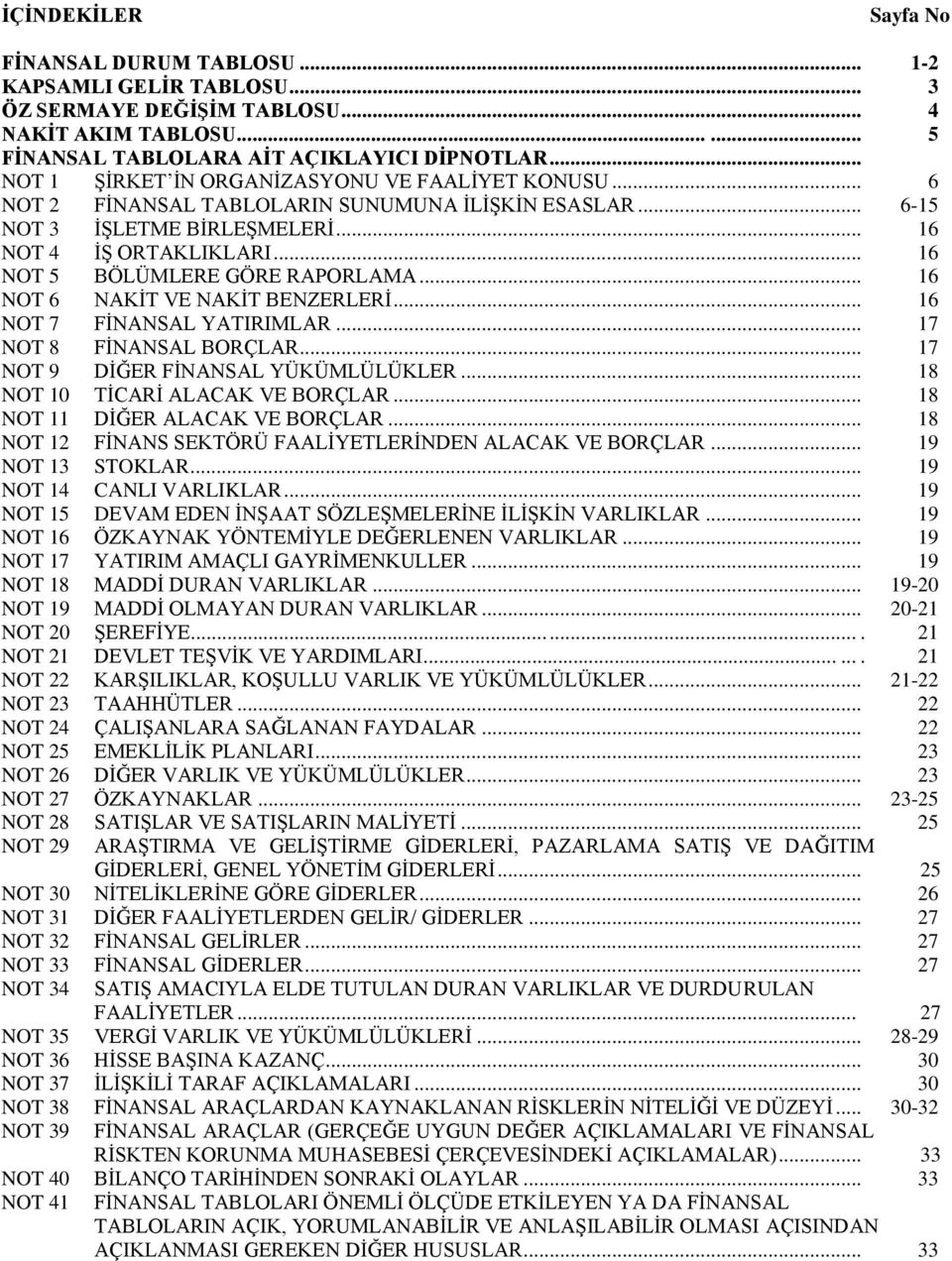 .. 16 NOT 5 BÖLÜMLERE GÖRE RAPORLAMA... 16 NOT 6 NAKİT VE NAKİT BENZERLERİ... 16 NOT 7 FİNANSAL YATIRIMLAR... 17 NOT 8 FİNANSAL BORÇLAR... 17 NOT 9 DİĞER FİNANSAL YÜKÜMLÜLÜKLER.