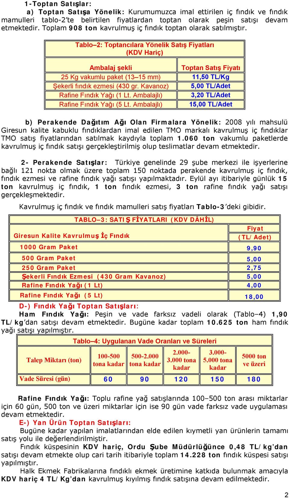 Tablo 2: Toptancılara Yönelik Satış Fiyatları (KDV Hariç) Ambalaj şekli Toptan Satış Fiyatı 25 Kg vakumlu paket (13 15 mm) 11,50 TL/Kg Şekerli fındık ezmesi (430 gr.