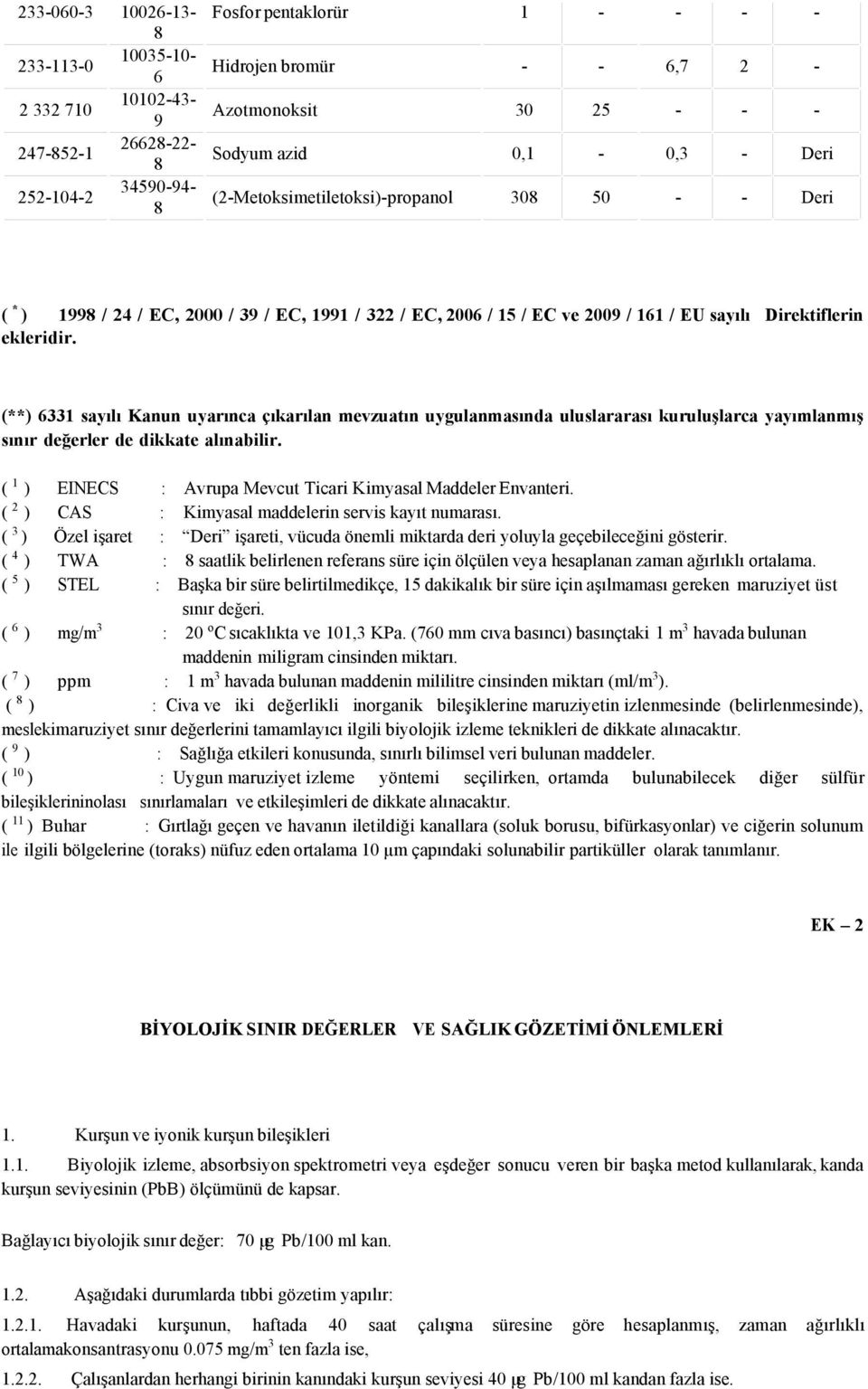 ( ) ( ) ( 3) (4 ) ( ) EINECS CAS Özel işaret TWA STEL : : : : : Avrupa Mevcut Ticari Kimyasal Maddeler Envanteri. Kimyasal maddelerin servis kayıt numarası.