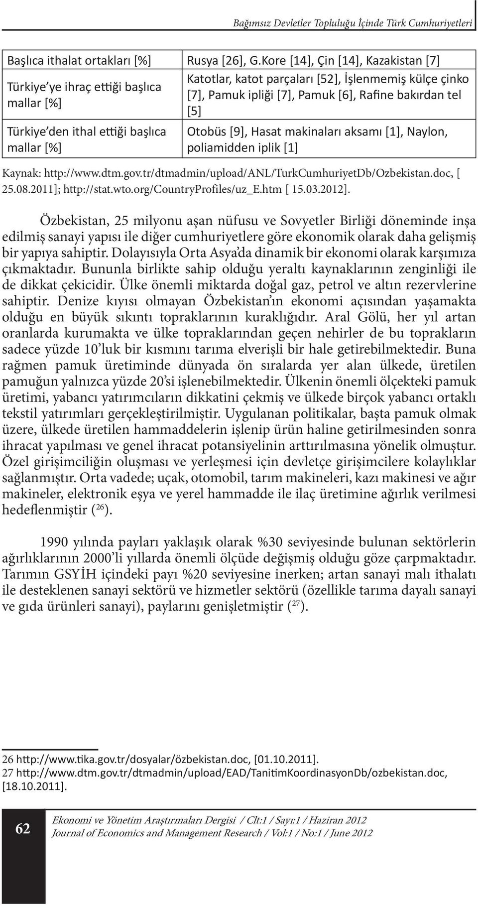 ettiği başlıca Otobüs [9], Hasat makinaları aksamı [1], Naylon, poliamidden iplik [1] Kaynak: http://www.dtm.gov.tr/dtmadmin/upload/anl/turkcumhuriyetdb/ozbekistan.doc, [ 25.08.2011]; http://stat.wto.