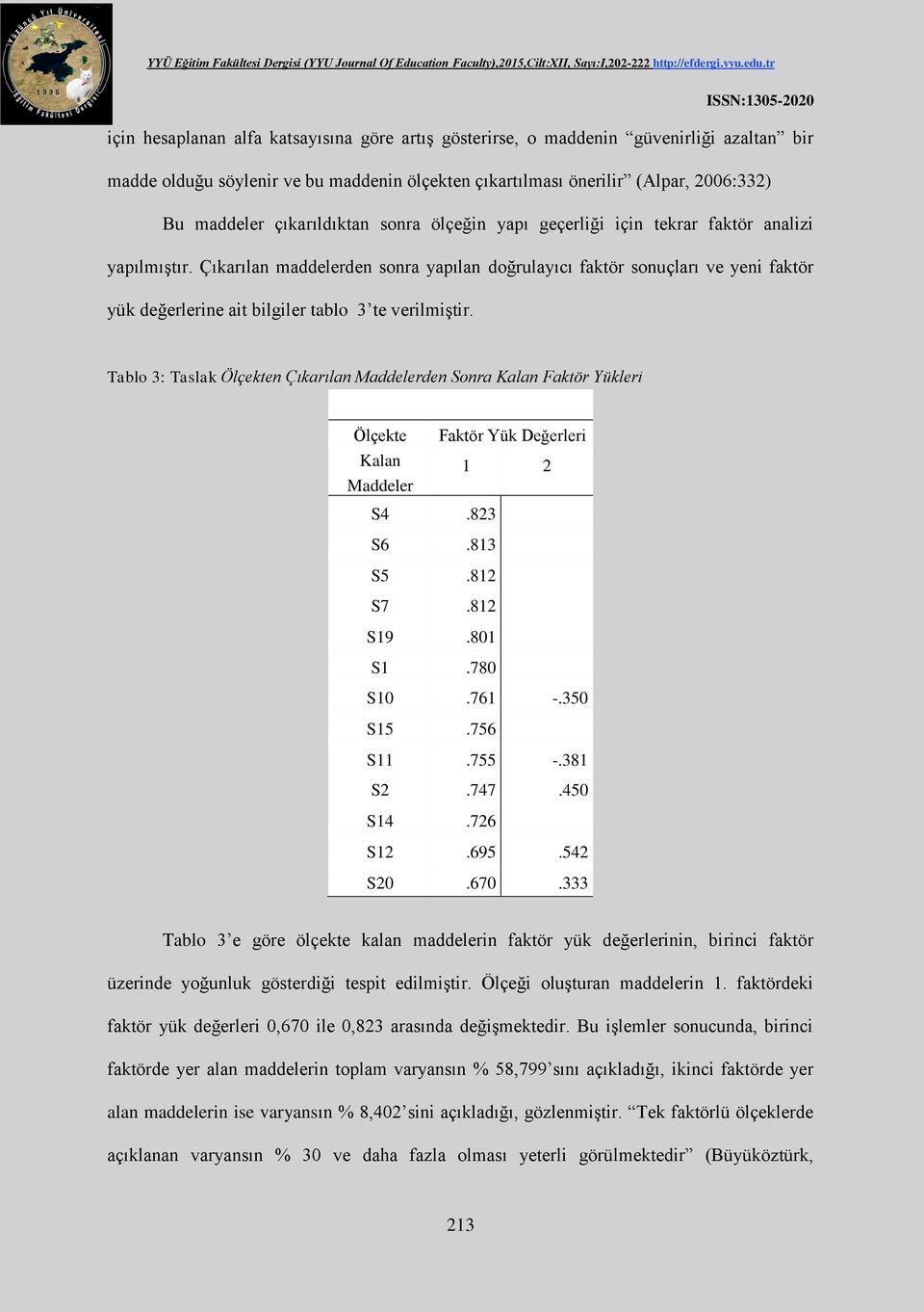 Çıkarılan maddelerden sonra yapılan doğrulayıcı faktör sonuçları ve yeni faktör yük değerlerine ait bilgiler tablo 3 te verilmiştir.