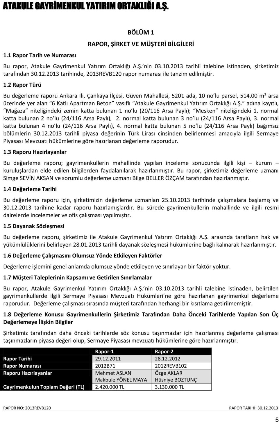 2 Rapor Türü Bu değerleme raporu Ankara İli, Çankaya İlçesi, Güven Mahallesi, 5201 ada, 10 no lu parsel, 514,00 m² arsa üzerinde yer alan 6 Katlı Apartman Beton vasıflı Atakule Gayrimenkul Yatırım