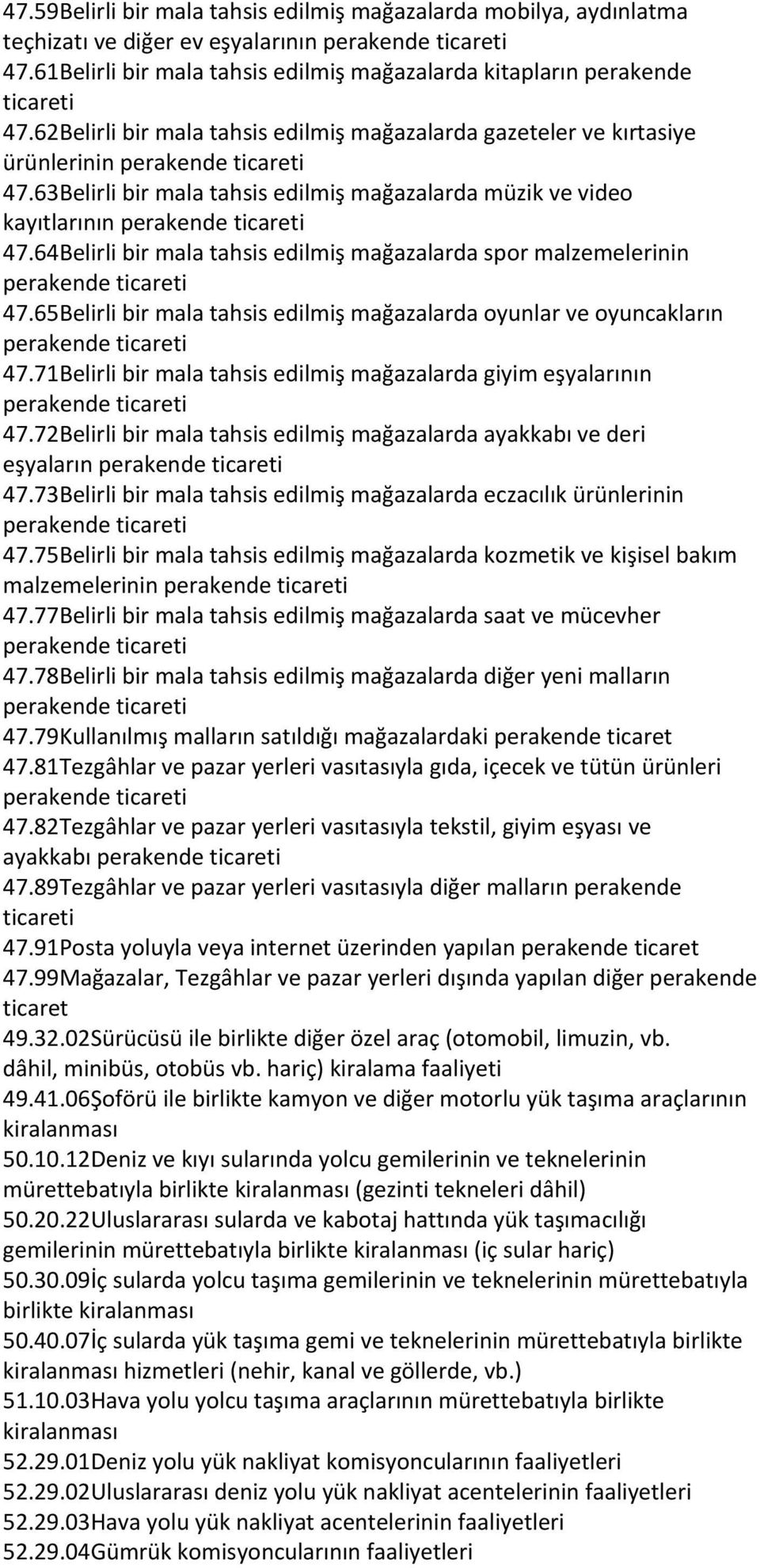 64Belirli bir mala tahsis edilmiş mağazalarda spor malzemelerinin 47.65Belirli bir mala tahsis edilmiş mağazalarda oyunlar ve oyuncakların 47.