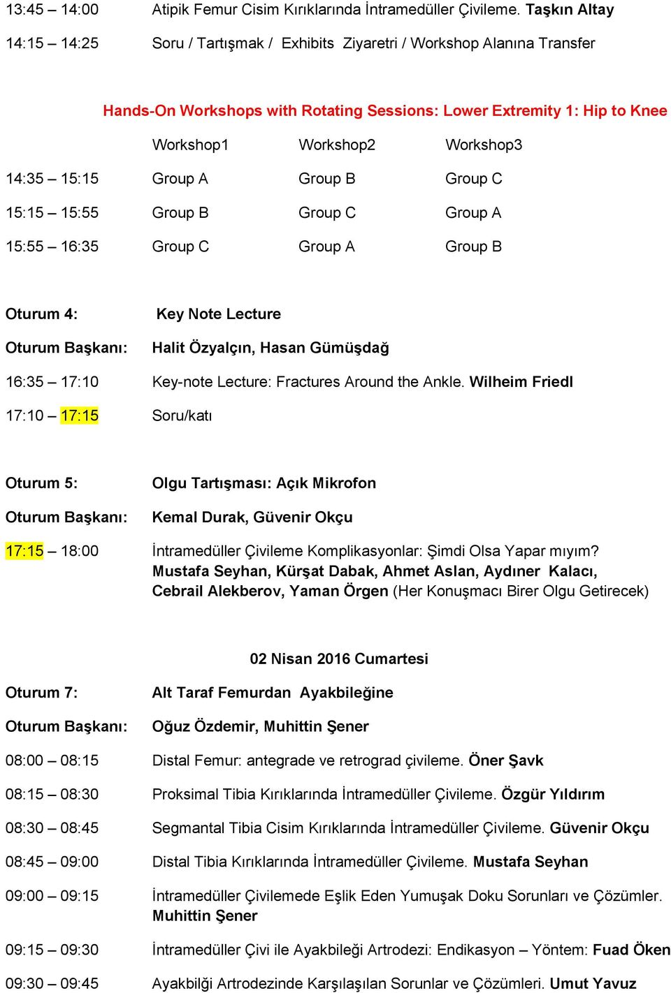 C 15:15 15:55 Group B Group C Group A 15:55 16:35 Group C Group A Group B Oturum 4: Key Note Lecture Halit Özyalçın, Hasan Gümüşdağ 16:35 17:10 Key-note Lecture: Fractures Around the Ankle.