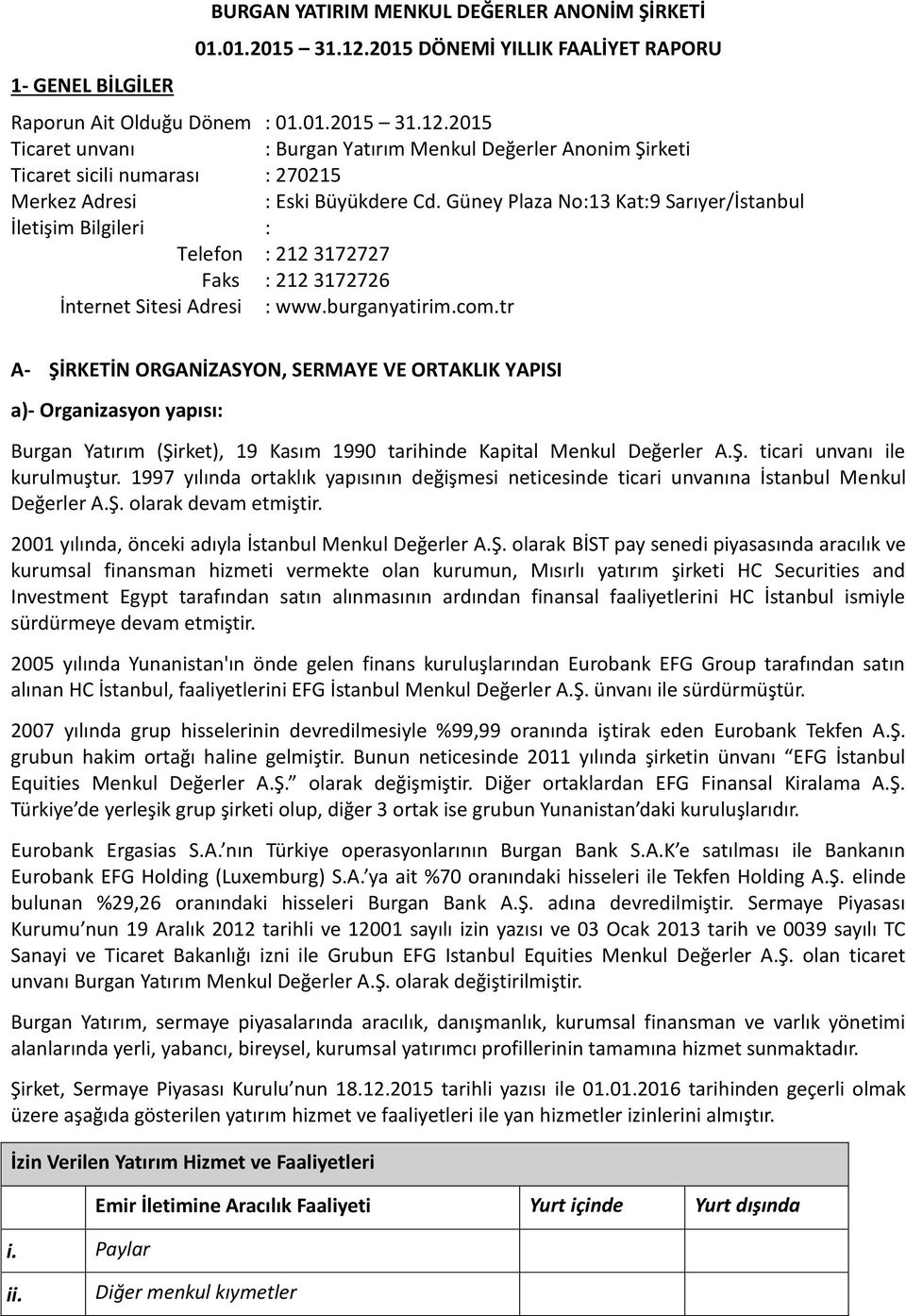 2015 Ticaret unvanı : Burgan Yatırım Menkul Değerler Anonim Şirketi Ticaret sicili numarası : 270215 Merkez Adresi : Eski Büyükdere Cd.