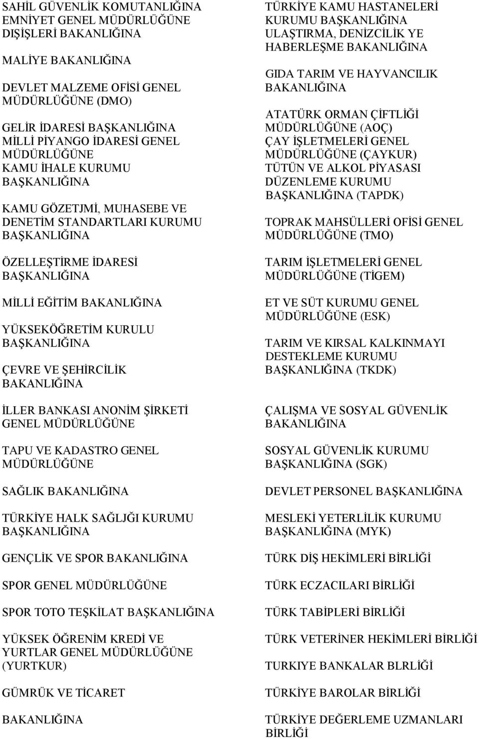 SPOR SPOR GENEL SPOR TOTO TEŞKİLAT YÜKSEK ÖĞRENİM KREDİ VE YURTLAR GENEL (YURTKUR) GÜMRÜK VE TİCARET TÜRKİYE KAMU HASTANELERİ KURUMU ULAŞTIRMA, DENİZCİLİK YE HABERLEŞME GIDA TARIM VE HAYVANCILIK