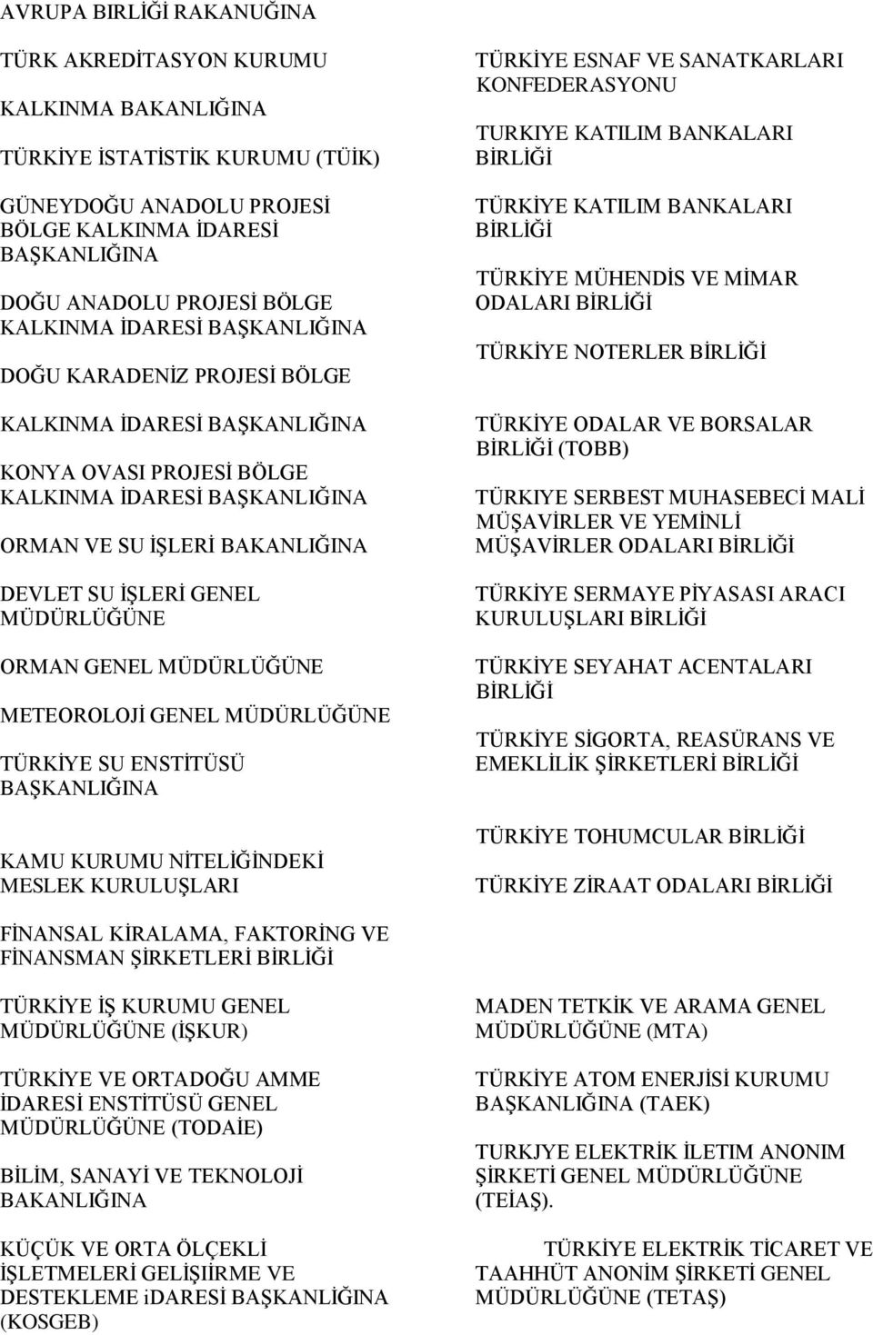 NİTELİĞİNDEKİ MESLEK KURULUŞLARI TÜRKİYE ESNAF VE SANATKARLARI KONFEDERASYONU TURKIYE KATILIM BANKALARI BİRLİĞİ TÜRKİYE KATILIM BANKALARI BİRLİĞİ TÜRKİYE MÜHENDİS VE MİMAR ODALARI BİRLİĞİ TÜRKİYE