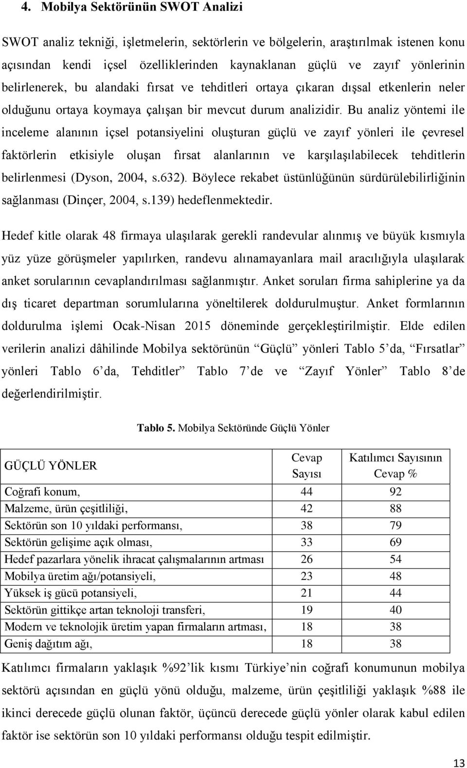 Bu analiz yöntemi ile inceleme alanının içsel potansiyelini oluşturan güçlü ve zayıf yönleri ile çevresel faktörlerin etkisiyle oluşan fırsat alanlarının ve karşılaşılabilecek tehditlerin