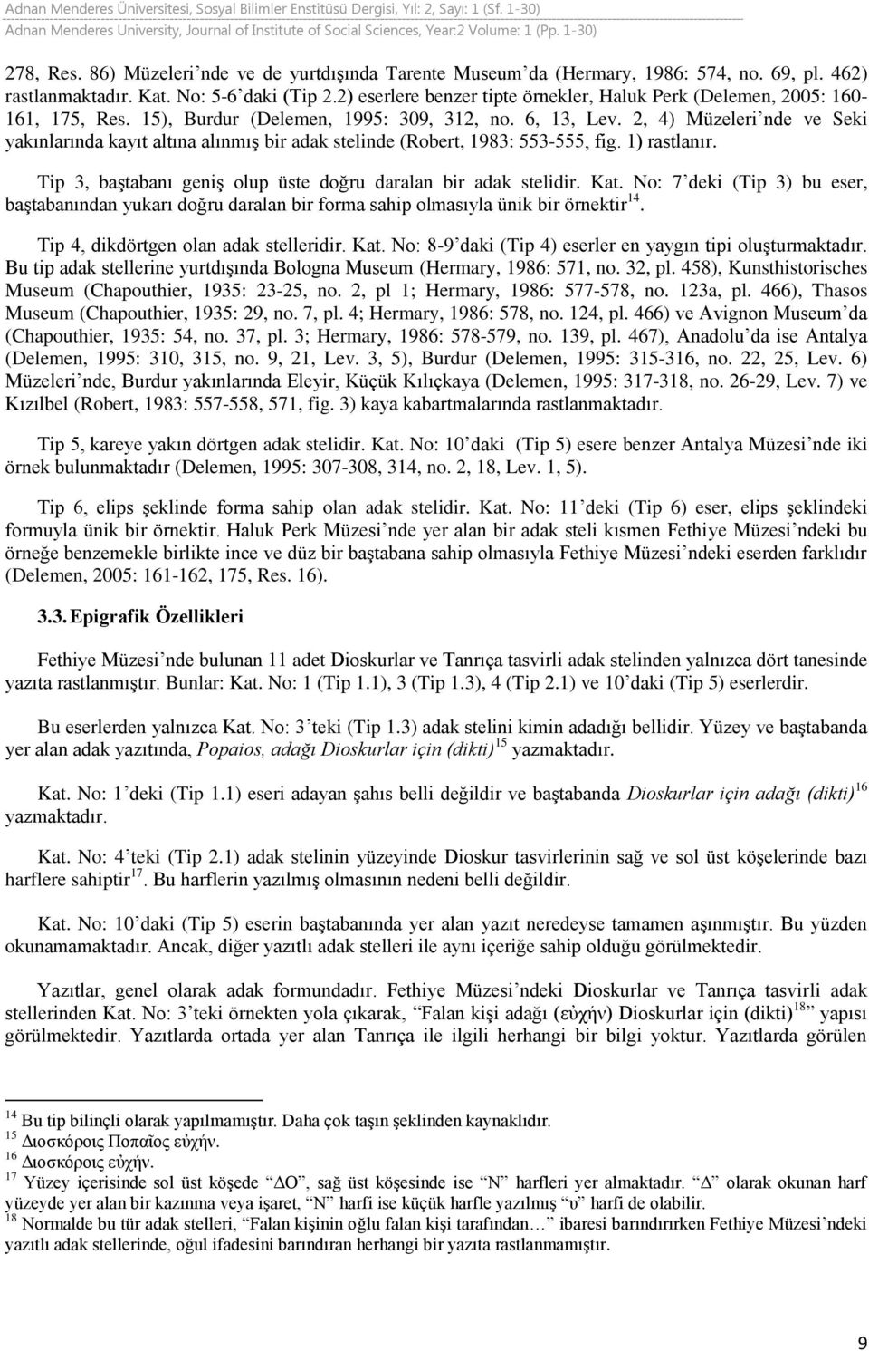 2, 4) Müzeleri nde ve Seki yakınlarında kayıt altına alınmış bir adak stelinde (Robert, 1983: 553-555, fig. 1) rastlanır. Tip 3, baştabanı geniş olup üste doğru daralan bir adak stelidir. Kat.