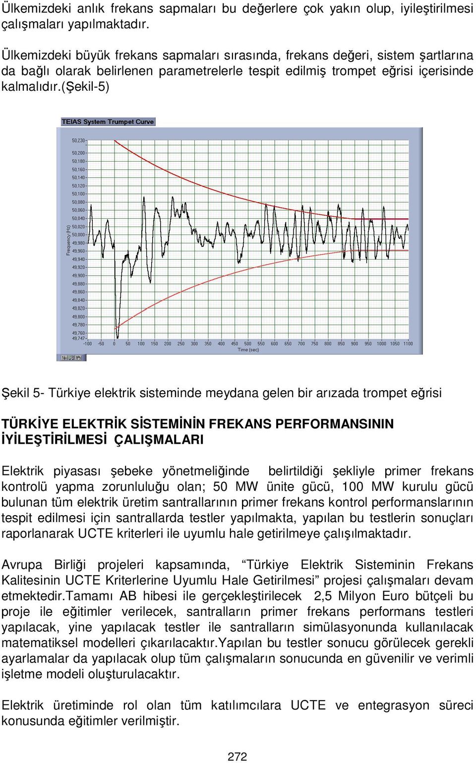 (şekil-5) Şekil 5- Türkiye elektrik sisteminde meydana gelen bir arızada trompet eğrisi TÜRKİYE ELEKTRİK SİSTEMİNİN FREKANS PERFORMANSININ İYİLEŞTİRİLMESİ ÇALIŞMALARI Elektrik piyasası şebeke