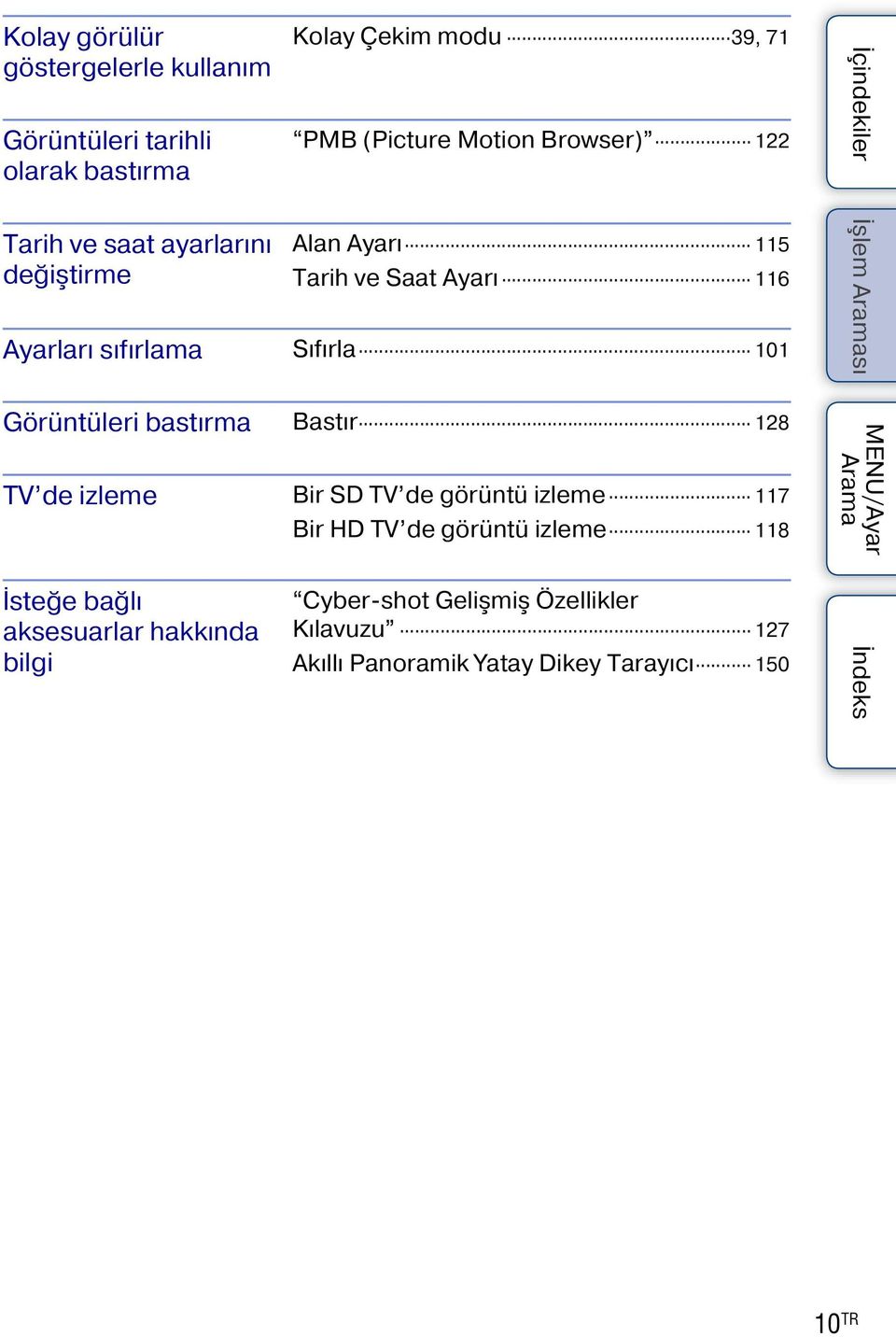 Görüntüleri bastırma Bastır 128 TV de izleme Bir SD TV de görüntü izleme 117 Bir HD TV de görüntü izleme 118 İçindekiler