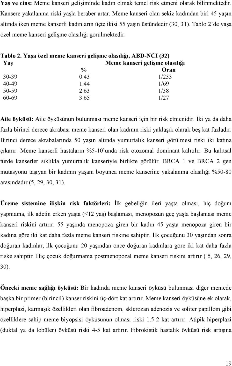 Tablo 2. Ya2a özel meme kanseri geli2me olas(l('(, ABD-NCI (32) Ya2 Meme kanseri geli2me olas(l('( % Oran 30-39 0.43 1/233 40-49 1.44 1/69 50-59 2.63 1/38 60-69 3.