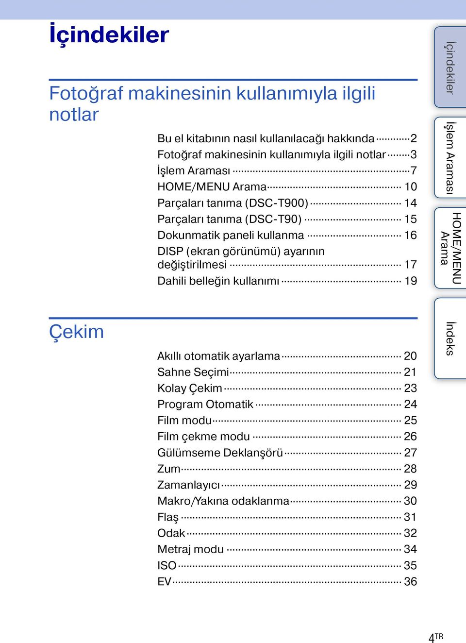 ayarının değiştirilmesi 17 Dahili belleğin kullanımı 19 Çekim Akıllı otomatik ayarlama 20 Sahne Seçimi 21 Kolay Çekim 23 Program Otomatik 24